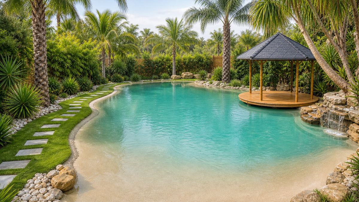 Piscine lagon à plage de sable, entourée de palmiers, avec pergola en bois et cascade sur rocher