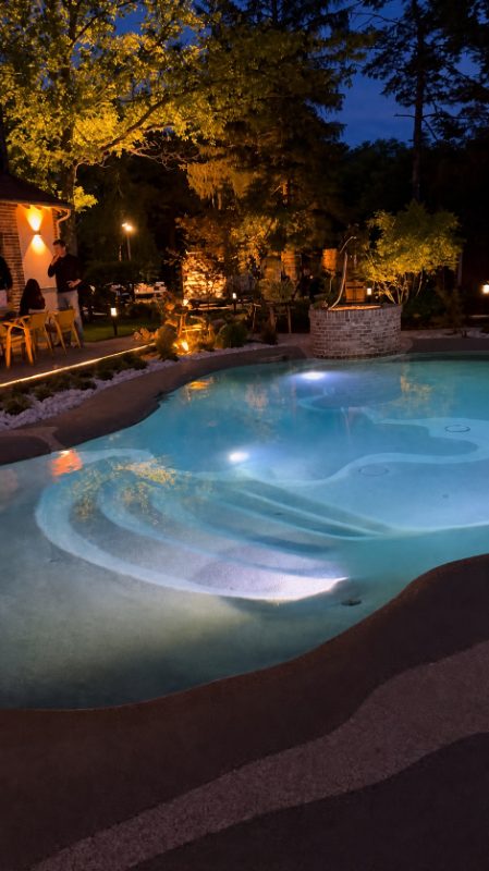 Bassin de forme libre éclairé de nuit, bordé d’une terrasse et d’arbres illuminés